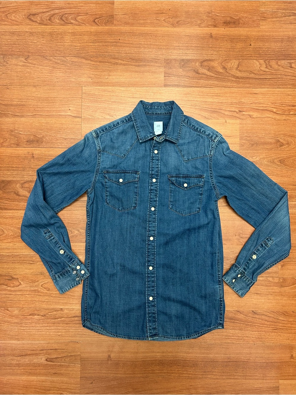 H&M Blue Denim Western Shirt Adult XS, Pearl Snap Cowboy Rockabilly Grunge